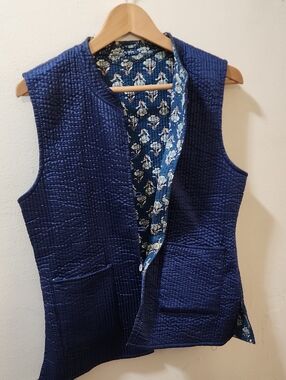 Quilted Navy Reversible Vest with Floral Lining